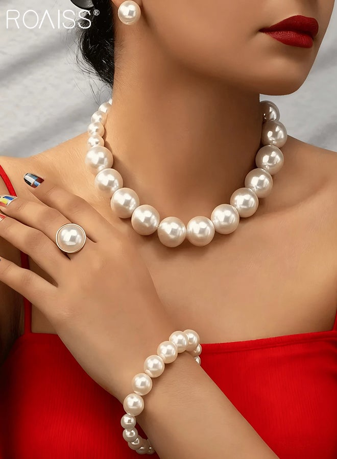 roaiss 5 Pcs White Pearl Jewelry Set for Women Fashionable Beaded Necklace, Bracelet, Earrings, and Ring Retro Elegance Luxury Wedding Accessories - Image 4